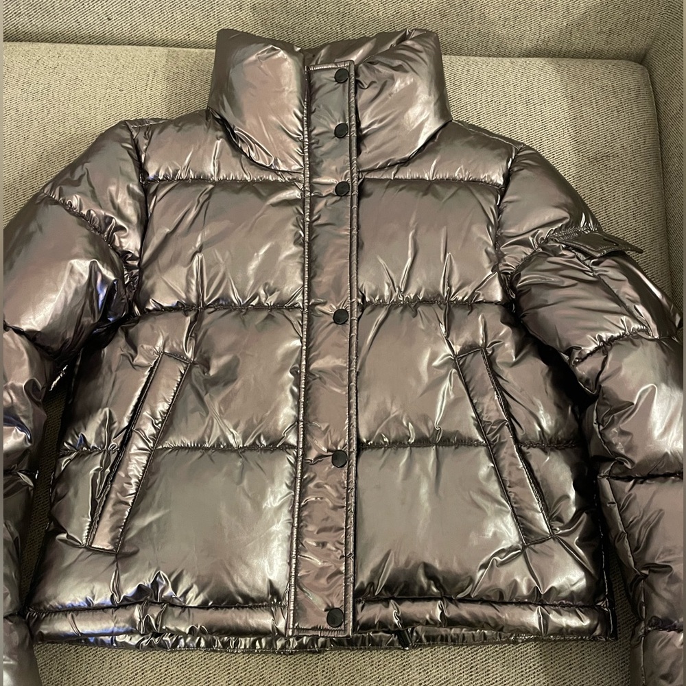 Aqua Metallic Cropped Puffer Jacket, Size Med
